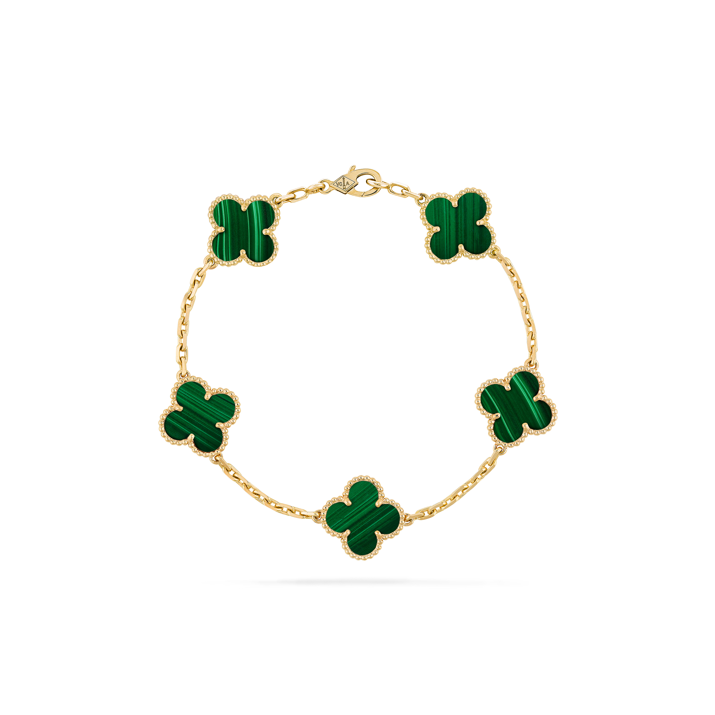 VAN CLEEF ARPELS VINTAGE ALHAMBRA BRACELET, 5 MOTIFS - YELLOW GOLD, MALACHITE VCARL80900 VAN CLEEF ARPELS VINTAGE ALHAMBRA BRACELET, 5 MOTIFS - YELLOW GOLD, MALACHITE VCARL80900